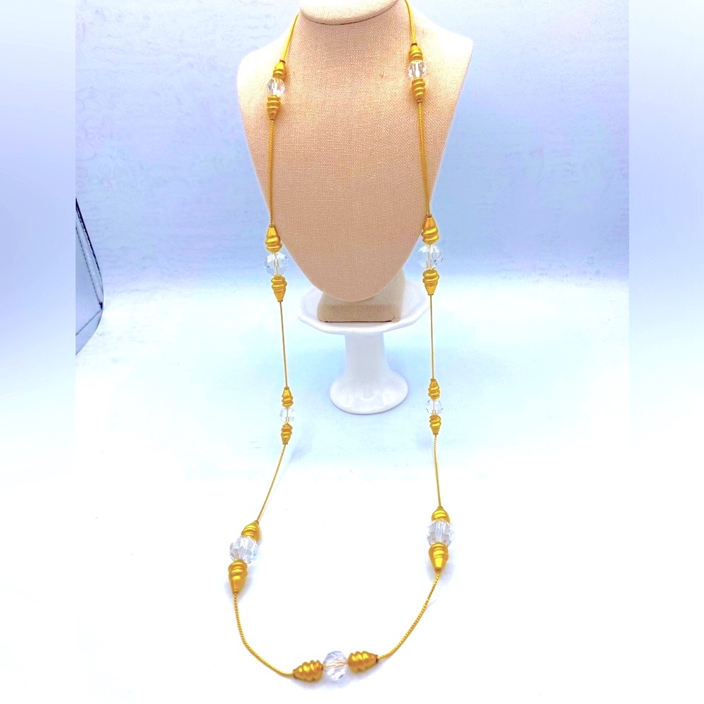 Vintage Anne Klein 36” Long Gold Tone Designer Necklace Sparkling Crystal Beads